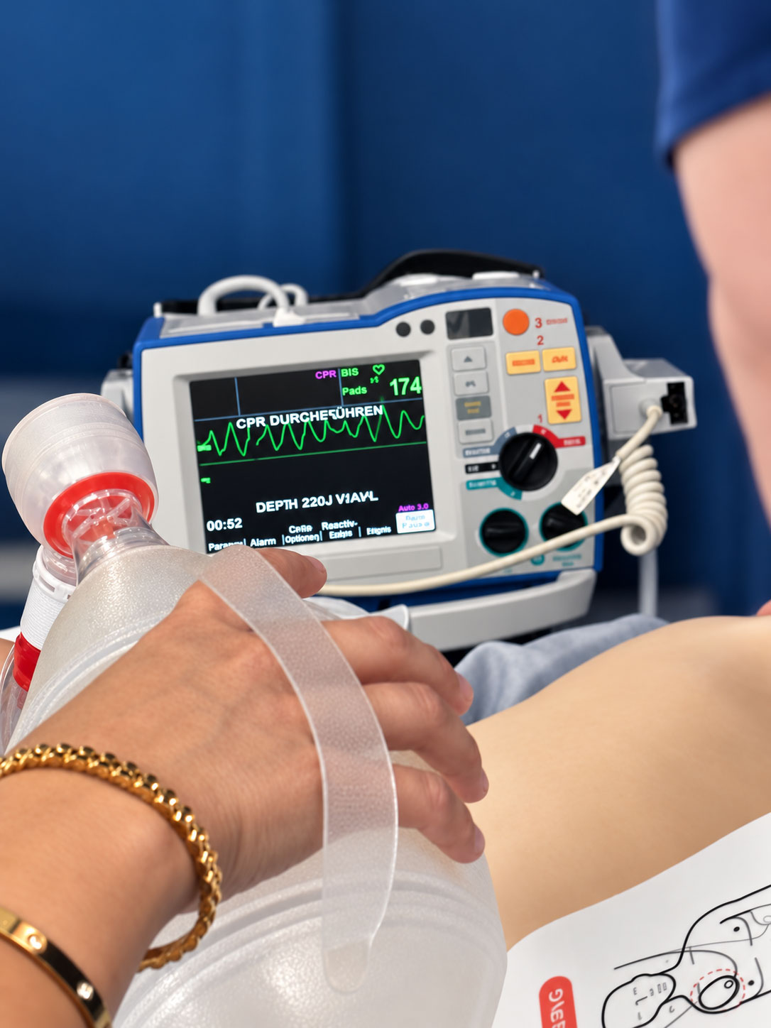 Defibrillator-Monitor zeigt EKG-Analyse während der Reanimation