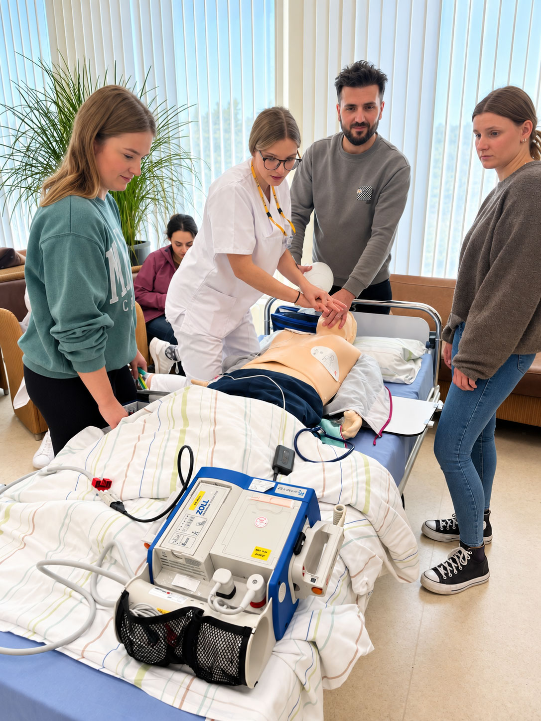 Klinikteam übt Reanimation mit Defibrillator im Krankenhaus